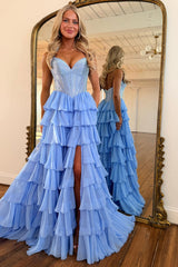 Light Blue Sweetheart Beaded Top Corset Tiered Ruffle Prom Dress with Slit
