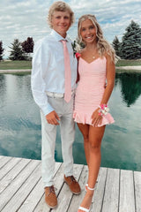 Light Pink Bodycon Ruched V-Neck Mini Homecoming Dress with Ruffled Hem