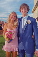 Light Pink Bodycon Ruched V-Neck Mini Homecoming Dress with Ruffled Hem