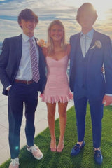 Light Pink Bodycon Ruched V-Neck Mini Homecoming Dress with Ruffled Hem