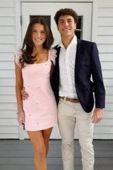 Light Pink Feather Strap Embellished Mini Homecoming Dress
