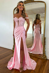 Light Pink Prom Dress with Off the Shoulder Neckline Lace Top and Satin Skirt with Slit