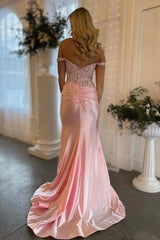 Light Pink Prom Dress with Off the Shoulder Neckline Lace Top and Satin Skirt with Slit