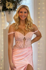 Light Pink Prom Dress with Off the Shoulder Neckline Lace Top and Satin Skirt with Slit