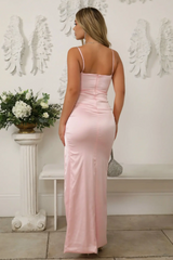 Light Pink Satin Corset Prom Dress with Crystal Spaghetti Straps & High Slit