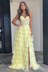Cute Yellow Sweetheart Prom Dress with A Line Silhouette Tiered Chiffon and Slit