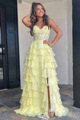 Cute Yellow Sweetheart Prom Dress with A Line Silhouette Tiered Chiffon and Slit