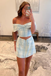 Light Blue Plaid Two-Piece Homecoming Set with Off-Shoulder Bow Top and Mini Skirt