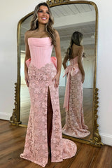 Light Blue Strapless Corset Lace Mermaid Prom Dress with Slit and Bow Back