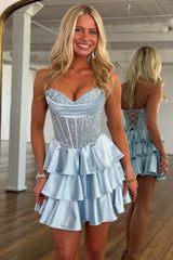 Elegant Sweetheart Homecoming Dress with Lace Corset Bodice and Tiered Skirt