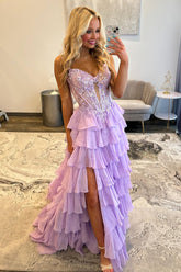 Lilac Appliqué Lace Corset Bodice Ruffle A-Line Prom Dress with High Slit