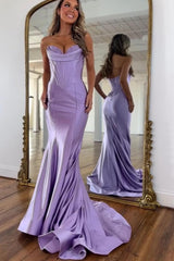 Lilac Satin Strapless Mermaid Prom Dress with Structured Corset Bodice