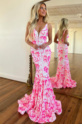 Long Spaghetti Straps Mermaid Prom Dress with Deep V Neck and Sequins Pattern