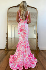 Long Spaghetti Straps Mermaid Prom Dress with Deep V Neck and Sequins Pattern