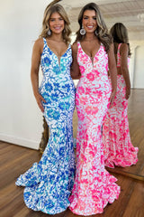 Long Spaghetti Straps Mermaid Prom Dress with Deep V Neck and Sequins Pattern