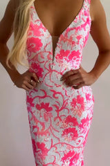 Long Spaghetti Straps Mermaid Prom Dress with Deep V Neck and Sequins Pattern