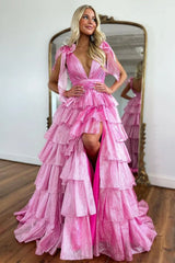 Princess A-Line Deep V-Neck Pink Long Tulle Prom Dress with Ruffles Slit