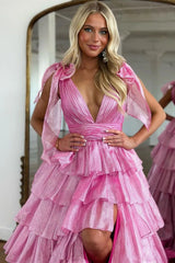 Princess A-Line Deep V-Neck Pink Long Tulle Prom Dress with Ruffles Slit