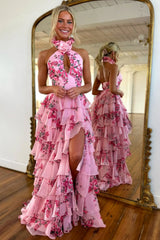Lovely Pink 3D Flower Halter Neck Prom Dress with A Line Silhouette and Ruffle Printed Chiffon Skirt