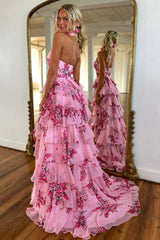 Lovely Pink 3D Flower Halter Neck Prom Dress with A Line Silhouette and Ruffle Printed Chiffon Skirt