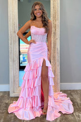 Lovely Mermaid Strapless Lace Top Long Ruffle Satin Prom Dress with Slit