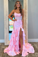 Lovely Mermaid Strapless Lace Top Long Ruffle Satin Prom Dress with Slit