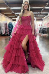 Lovely A-Line Strapless Lace Top Corset Prom Dress with Layered Tulle Skirt