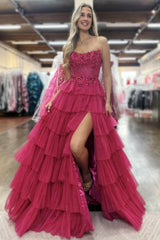 Lovely A-Line Strapless Lace Top Corset Prom Dress with Layered Tulle Skirt