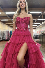 Lovely A-Line Strapless Lace Top Corset Prom Dress with Layered Tulle Skirt