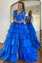 Princess A-Line Deep V-Neck Pink Long Tulle Prom Dress with Ruffles Slit