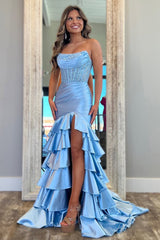 Chic Mermaid Prom Dress in Light Blue with Strapless Satin Bodice and Ruffled Skirt