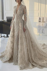 Luxurious A Line V Neck Champagne Long Party Dress with Appliques Lace