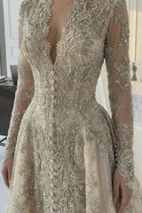 Luxurious A Line V Neck Champagne Long Party Dress with Appliques Lace