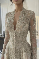 Luxurious A Line V Neck Champagne Long Party Dress with Appliques Lace