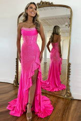 Luxurious Hot Pink Glitter Mermaid Strapless Long Beaded Prom Dress With Leg Slit
