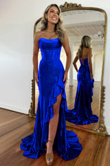 Luxurious Hot Pink Glitter Mermaid Strapless Long Beaded Prom Dress With Leg Slit