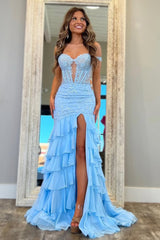 Luxurious Light Blue Off Shoulder Prom Dress with Lace Up Back Ruffles and Appliques