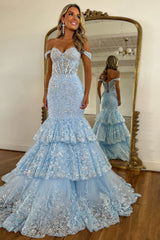 Luxurious Light Blue Off-the-Shoulder Lace-Up Prom Dress with Sequined Appliques
