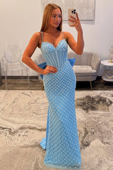 Luxurious Mermaid Spaghetti Straps Blue Corset Prom Dress with Pearls