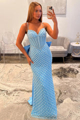 Luxurious Mermaid Spaghetti Straps Blue Corset Prom Dress with Pearls