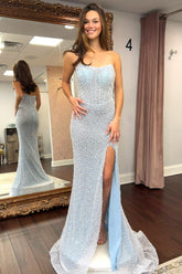 Luxurious Mermaid Strapless Light Blue Corset Prom Dress with Pearls Split Front