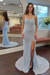 Luxurious Mermaid Strapless Light Blue Corset Prom Dress with Pearls Split Front