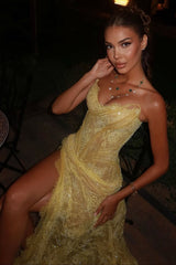Luxurious Mermaid Sweetheart Yellow Lace Party Dress with Split Front