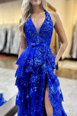 Luxurious Royal Blue Halter Neck Backless Ruffled Sequin Prom Dress with Slit
