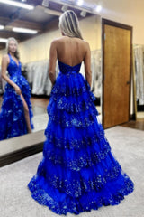 Luxurious Royal Blue Halter Neck Backless Ruffled Sequin Prom Dress with Slit
