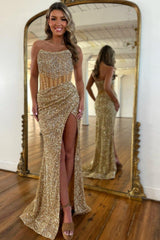 Luxurious Sparkly Sequin Strapless Mermaid Prom Dress with Long Silhouette and Front Slit