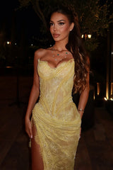 Luxurious Mermaid Sweetheart Yellow Lace Party Dress with Split Front