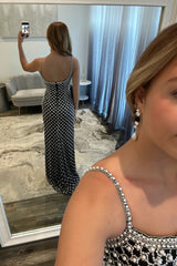 Luxury Black Pearls Spaghetti Straps Prom Dress with Statement Bow and High Slit