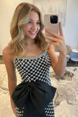 Luxury Black Pearls Spaghetti Straps Prom Dress with Statement Bow and High Slit