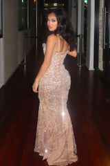 Luxury Champagne Crystal Beaded Mermaid Prom Dress with Spaghetti Straps